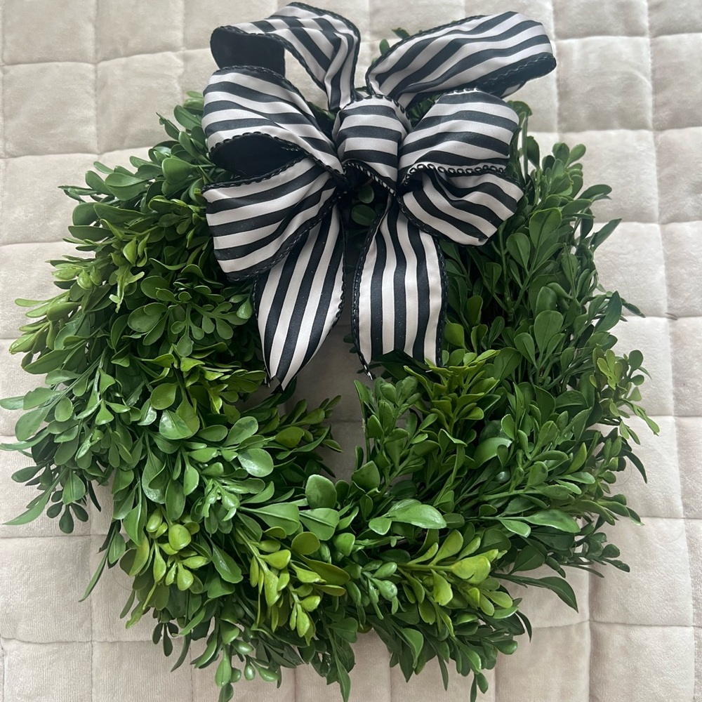 Classic Green Boxwood Wreath with Black & White Stripe Bow